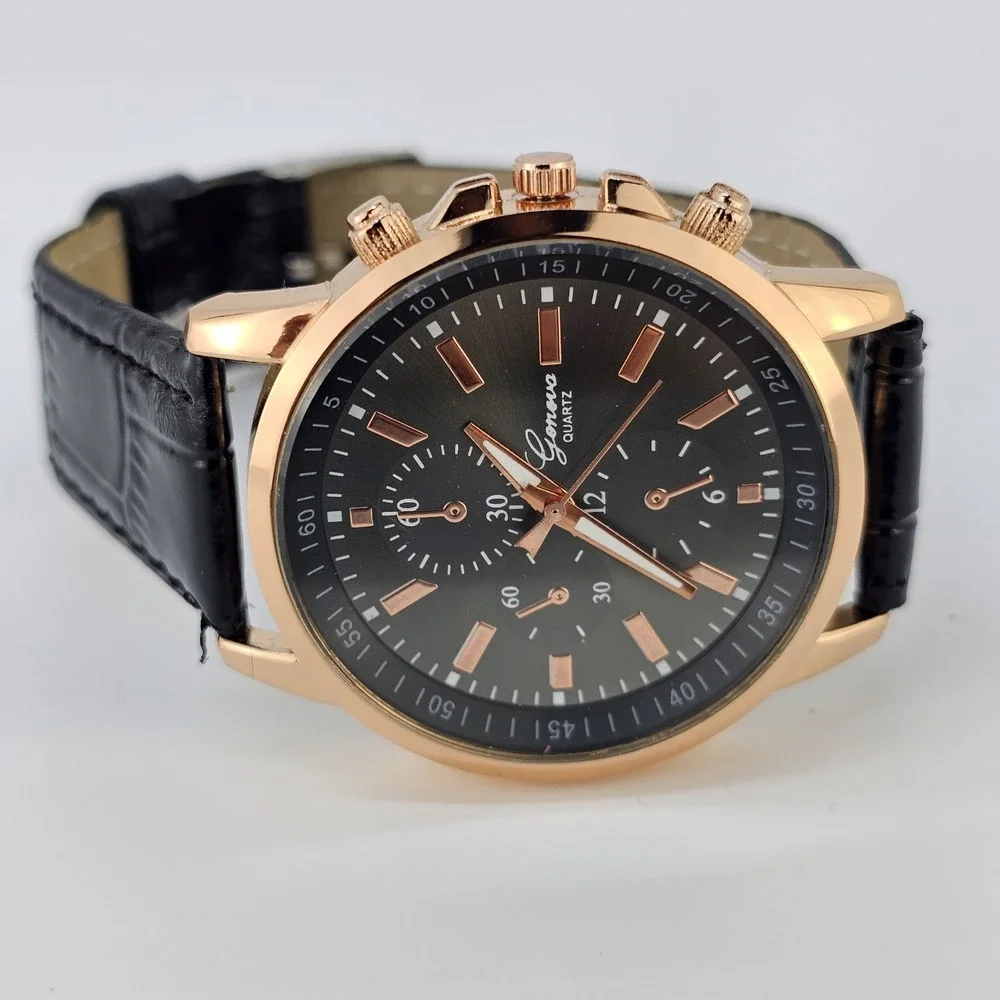 Men's Watch Analog 40MM Black Dial Black Faux Leather Bands New Battery